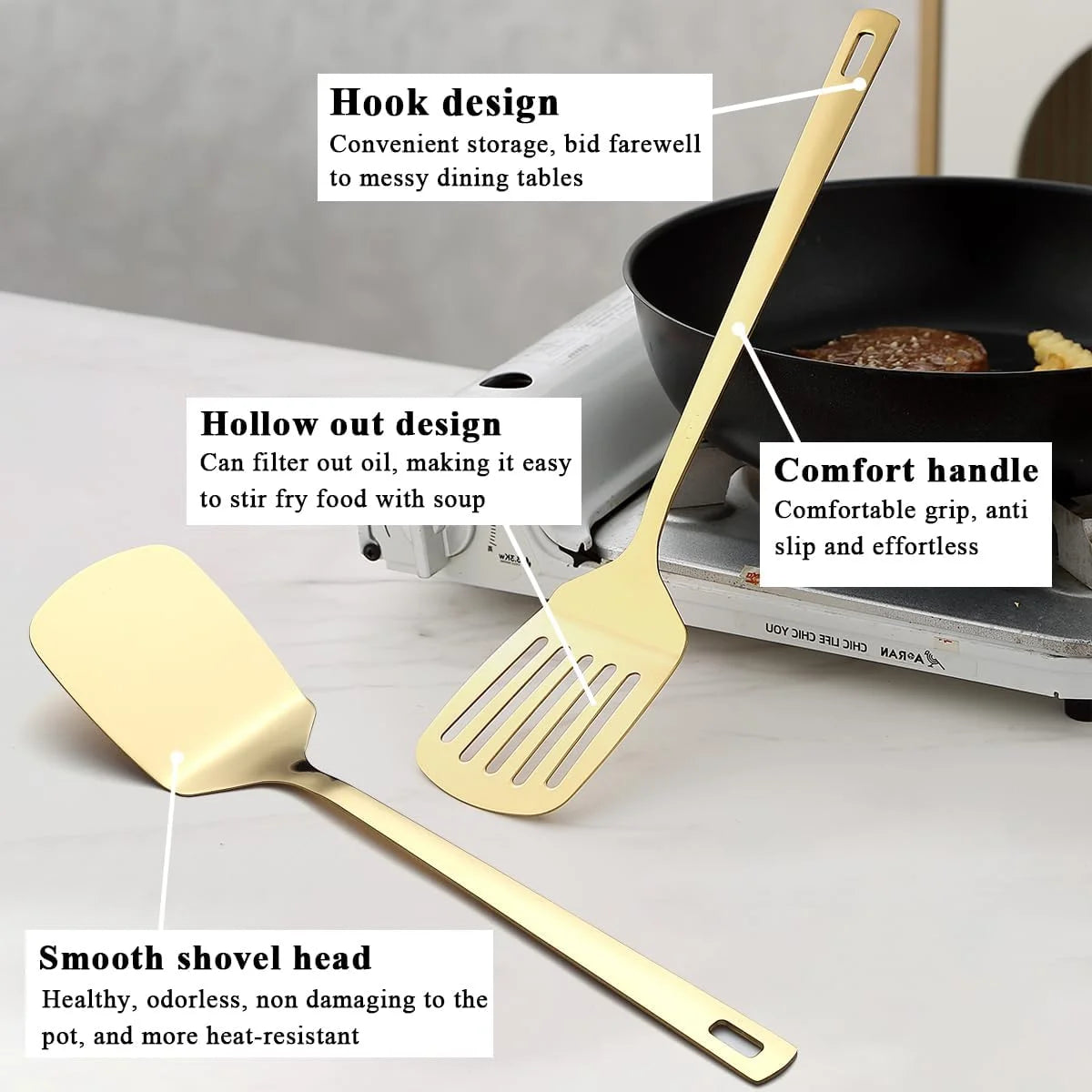 Gold Kitchen Utensils Set 6pcs Titanium Plating Stainless Steel Cooking Utensils Set Heavy Duty Kitchen Tools Spatulas Set Home Essentials Kitchen Gadgets Accessories – Durable Stainless Steel Construction with Functional, Easy-Use Details