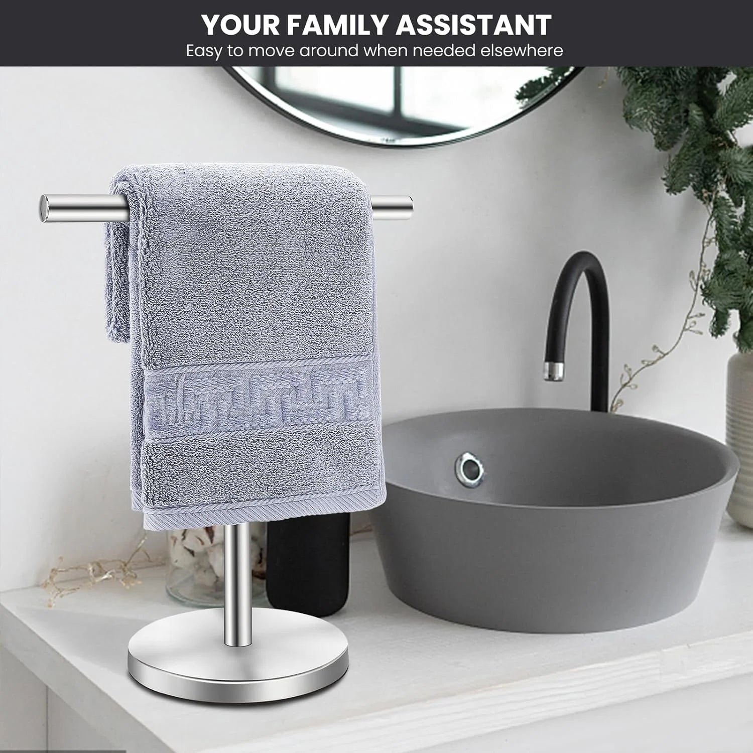 T-Shape Bath Hand Towel Holder Stand Stainless Steel Free Standing Hand Towel Rack with Heavy Base for Bathroom Kitchen & Countertop Matte Black – Durable Stainless Steel Construction with Functional, Easy-Use Details