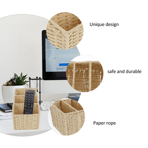 2pcs Woven 3 Compartments Woven Storage Box Bin Makeup Container Cube Organizer Divider for Home Bathroom Bedroom Closet Table Remote Beige – Everyday Household Format with Functional, Easy-Use Details