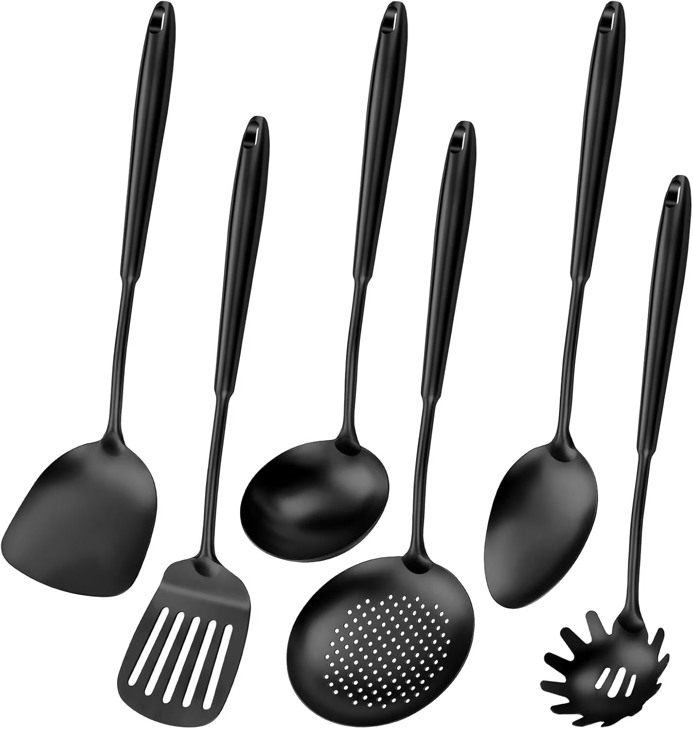 304 Stainless Steel Cooking Utensils,6 Pcs Kitchen Cooking Utensils Set with Spatula Solid Spoon Ladle Skimmer Spaghetti Spoon,Dishwasher Suitable(Black) – Durable Stainless Steel Construction with Functional, Easy-Use Details