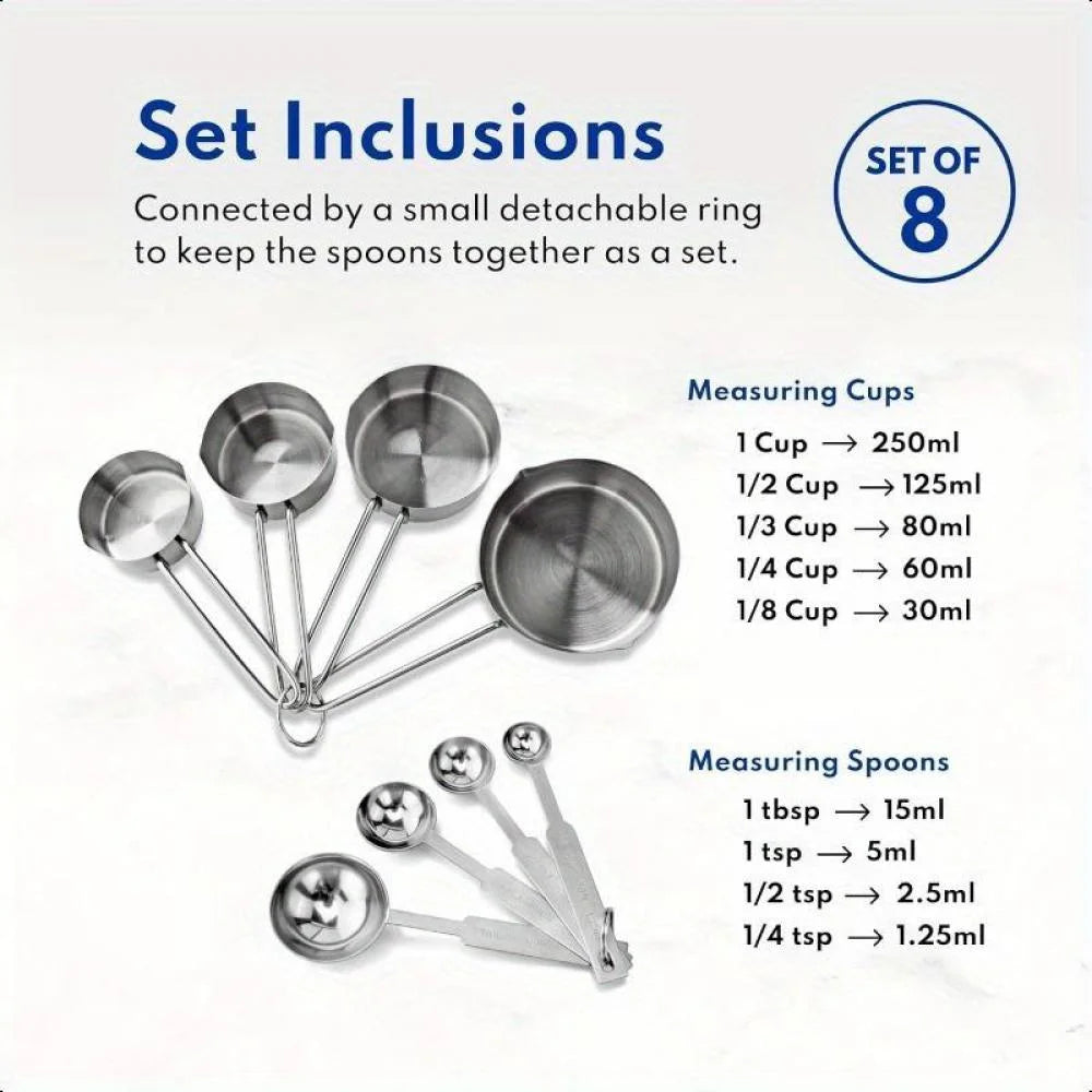 Stainless Steel Measuring Spoons and Measuring Cups Kitchen Tools for Drying and Liquid Ingredients Cooking and Baking Categories Measuring Spoons Measuring Cups Scale Bowls – Durable Stainless Steel Construction with Functional, Easy-Use Details