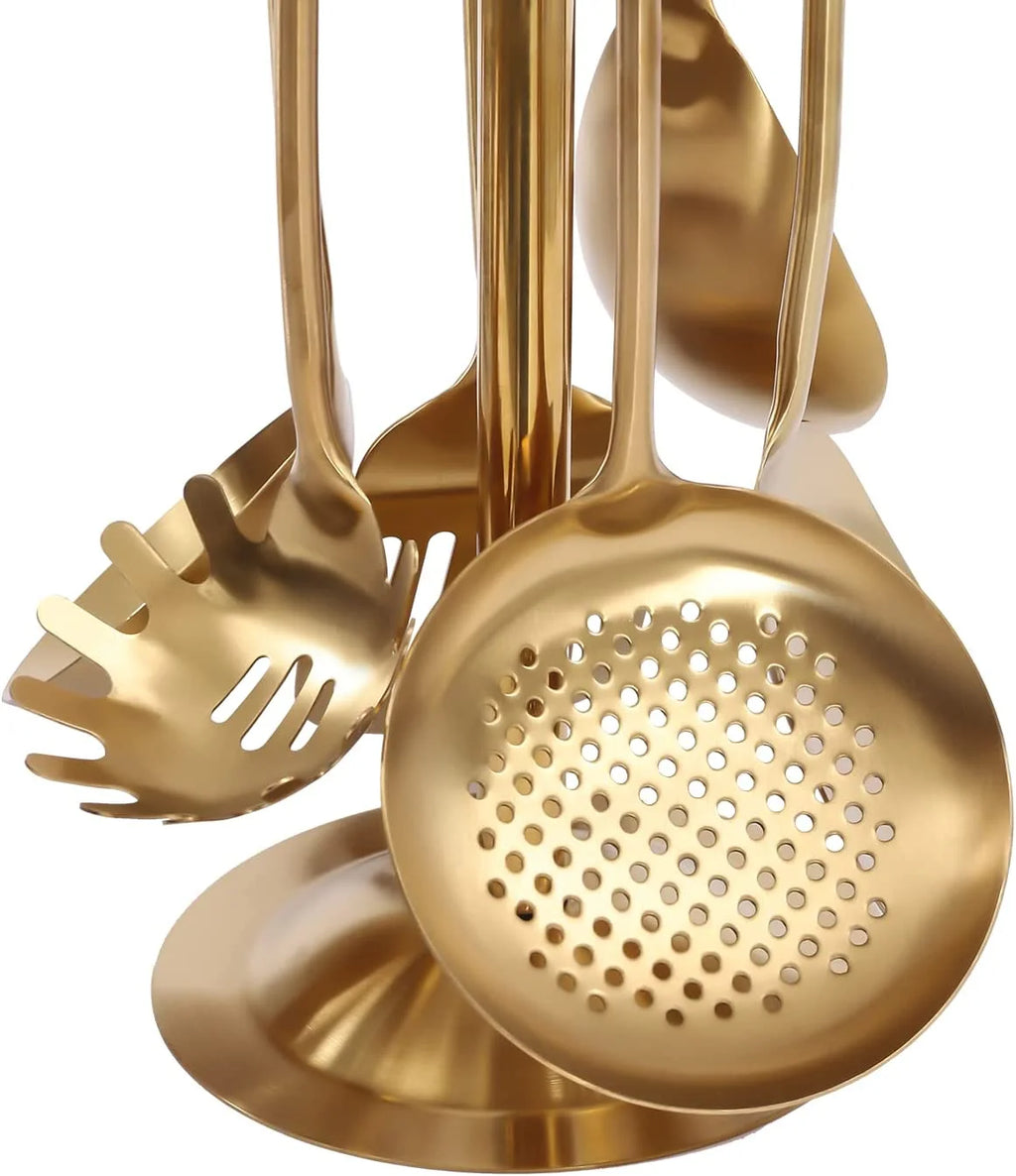 7pcs/ Set Gold Cooking Utensils Suitable for everyday use Kitchen Tool with Holder Stainless Steel – Durable Stainless Steel Construction with Functional, Easy-Use Details