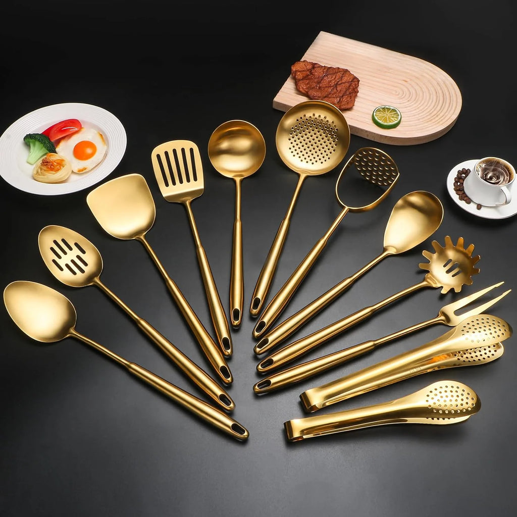 304 Stainlss Steel Kitchen Utensils Set 12 Pcs Long Metal Cooking Utensil Gadgets Tools Set with Spatula Ladle Spoon Ladle Skimmer Tunner Pasta Server Tongs(Silver Dishwasher Suitable) – Convenient Multi-Piece Set with Functional, Easy-Use Details