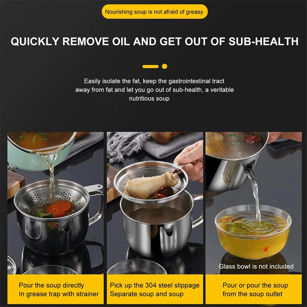 Stainless Steel Fat Separator 1L/4 Cup Gravy Grease with Strainer and Glass Lid Soup Oil Cup – Durable Stainless Steel Construction with Functional, Easy-Use Details