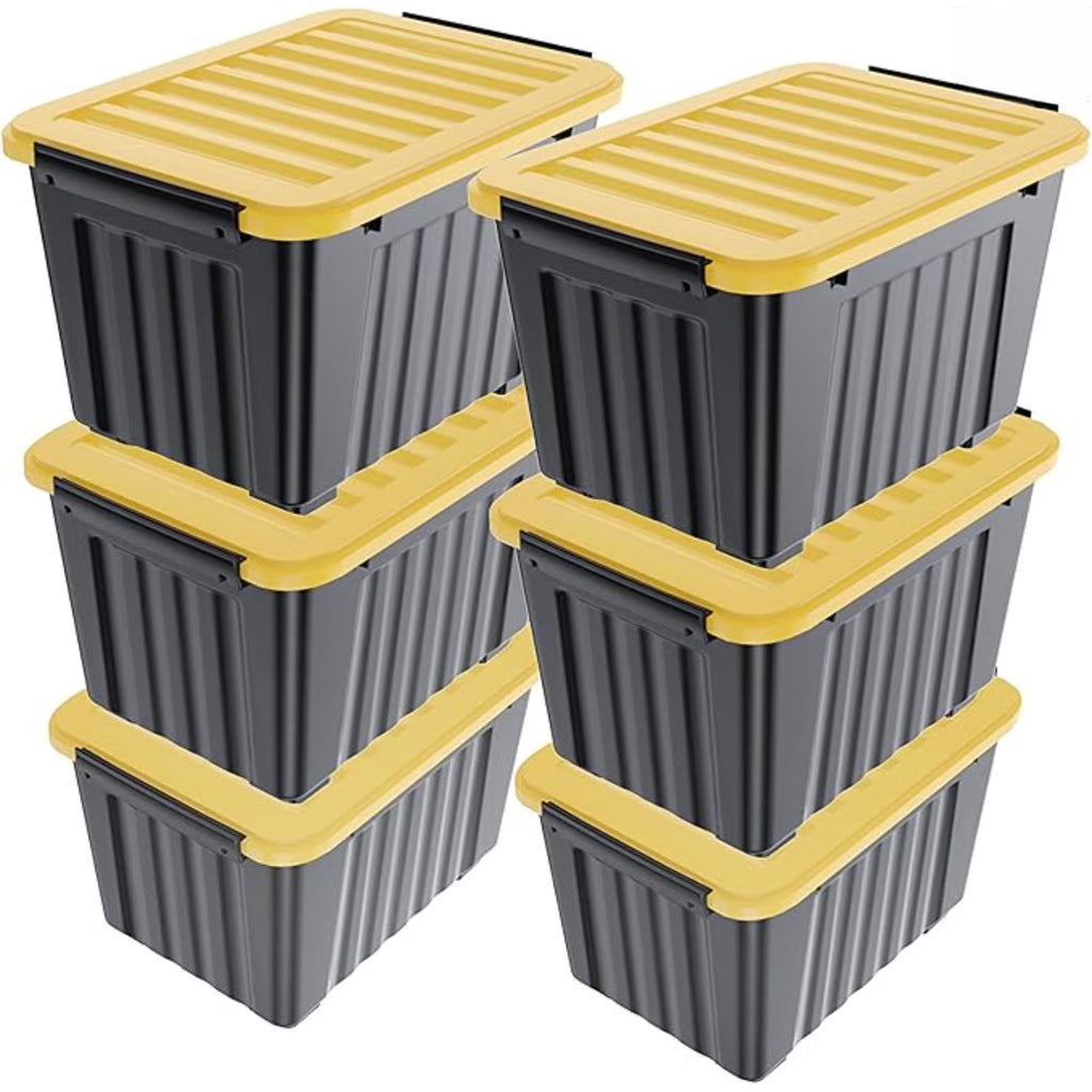 72Quart Plastic Storage Bin Stackable and Nestable Storage Boxes with White Lids and Secure Latching Buckles Large Storage Container (Black/Yellow 72Quart-6Pack) – Stackable Organization with Functional, Easy-Use Details