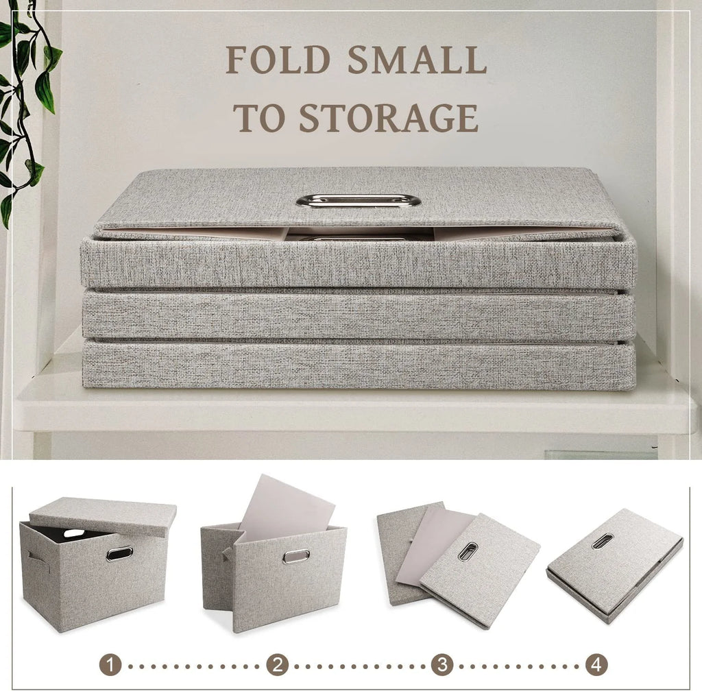 Medium 15" 21 Quart Collapsible Stackable Storage Bins with Lids 5 Packs Beige Foldable Fabric Closet Boxes Heavy-duty Lidded Linen Cube Baskets Container Organizers and Storage – Multiroom Organization Format with Functional, Easy-Use Details