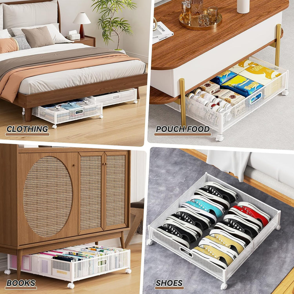 Under Bed Storage Containers with Wheels - Shoe Storage Organizer Drawer Tool-free Assembly Metal Underbed Storage Containers for Bedroom Clothes Shoes Blankets - 2Pack – Multiroom Organization Format with Functional, Easy-Use Details