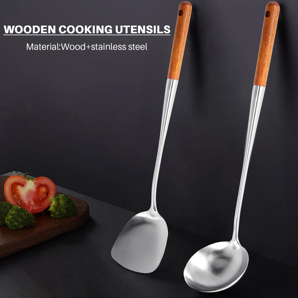 Long Handle Stainless Steel Wok Kitchen Slotted Turner Rice Spoon Ladle Cooking Tools Utensil Set – Convenient Carry Handles with Functional, Easy-Use Details