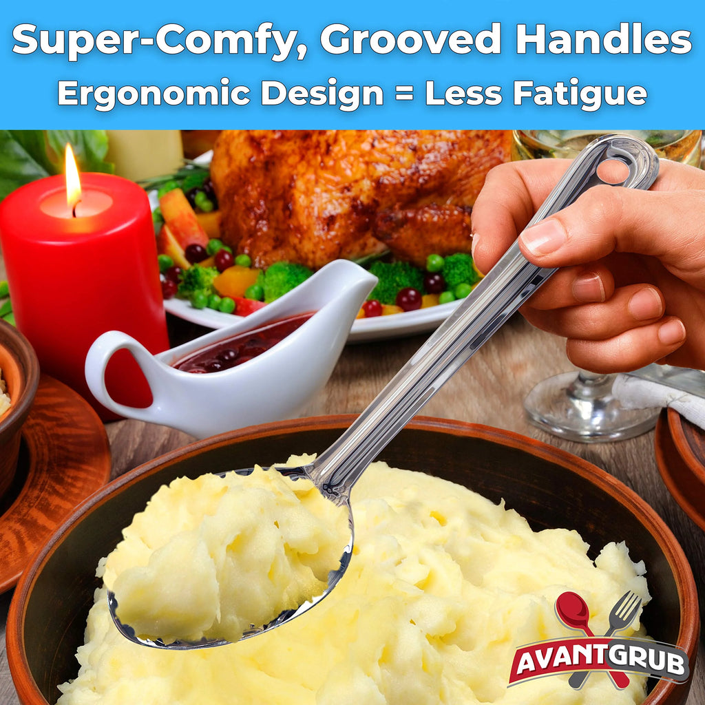 Super Strong 11 Inch Serving Spoon Ergonomic Stainless Steel Cooking Utensil Large Basting Spoon for Professional Restaurant Buffet Banquet Service and Home Chefs Silver – Durable Stainless Steel Construction with Functional, Easy-Use Details