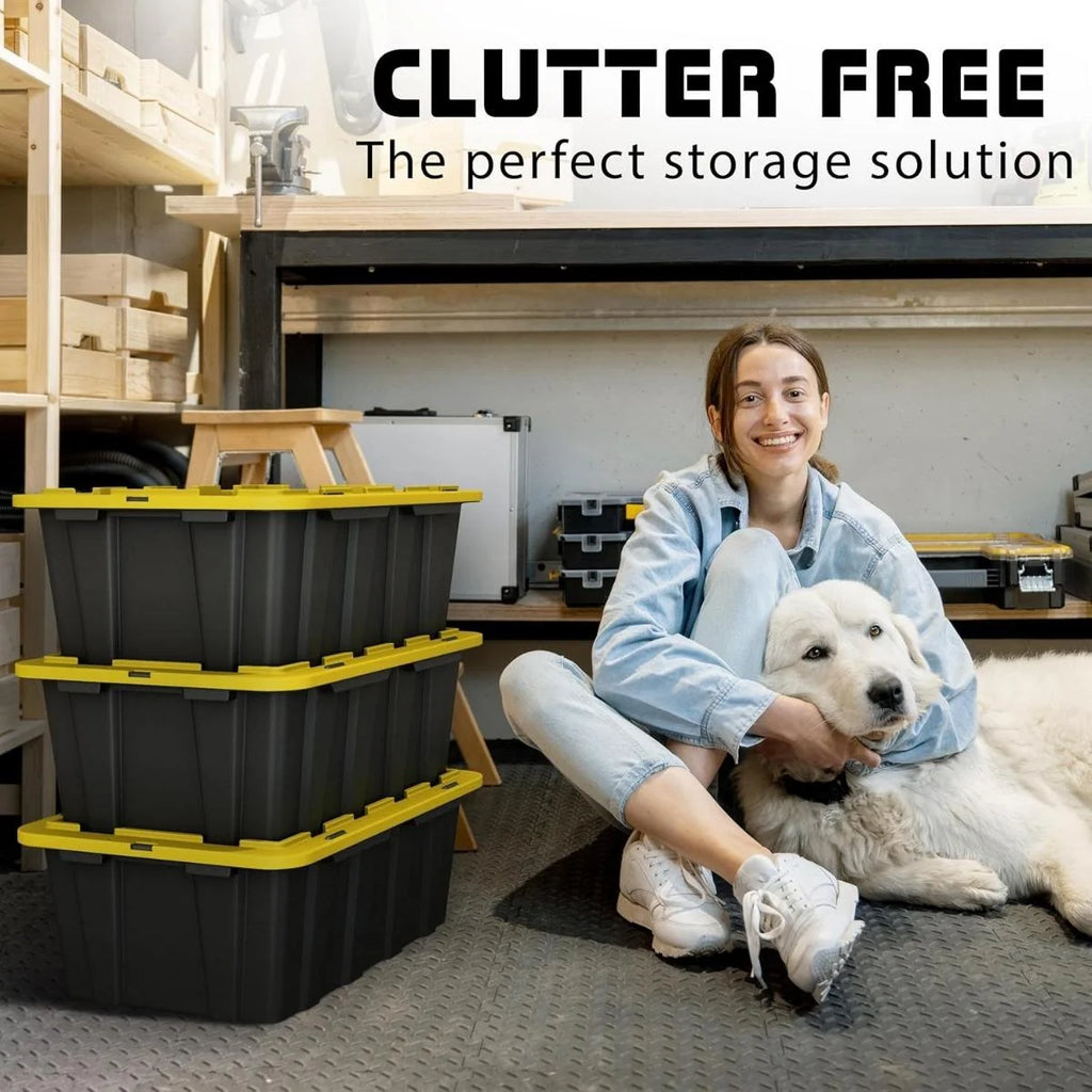 8 PACK of Medium 12 Gallon Plastic Storage Bin Tote Organizing Container with Ultra Durable Secure Latching Lids Stackable Extra Strength Clear with Built in Handle - Black and Yellow – Stackable Organization with Functional, Easy-Use Details