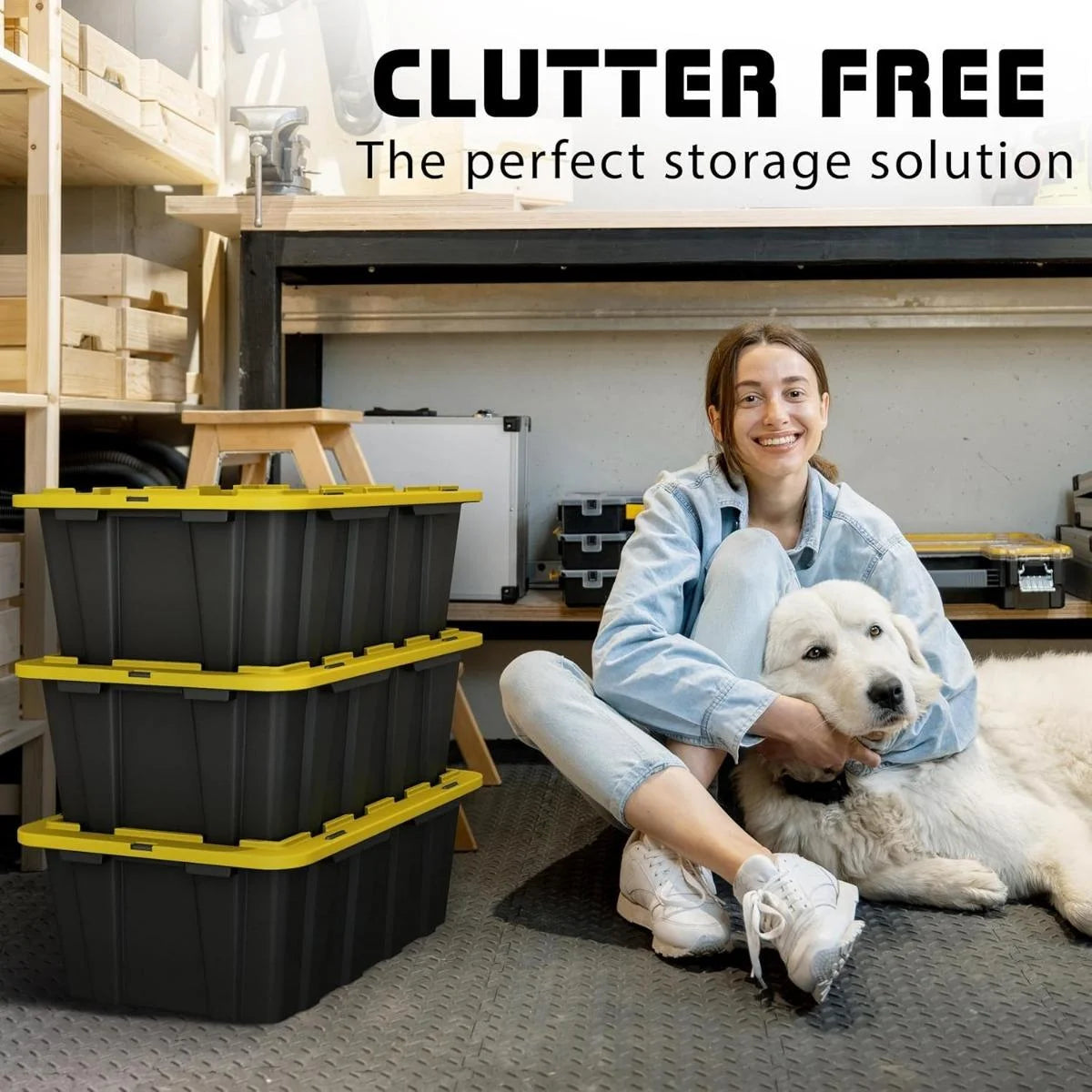 8 PACK of Medium 12 Gallon Plastic Storage Bin Tote Organizing Container with Ultra Durable Secure Latching Lids Stackable Extra Strength Clear with Built in Handle - Black and Yellow – Stackable Organization with Functional, Easy-Use Details