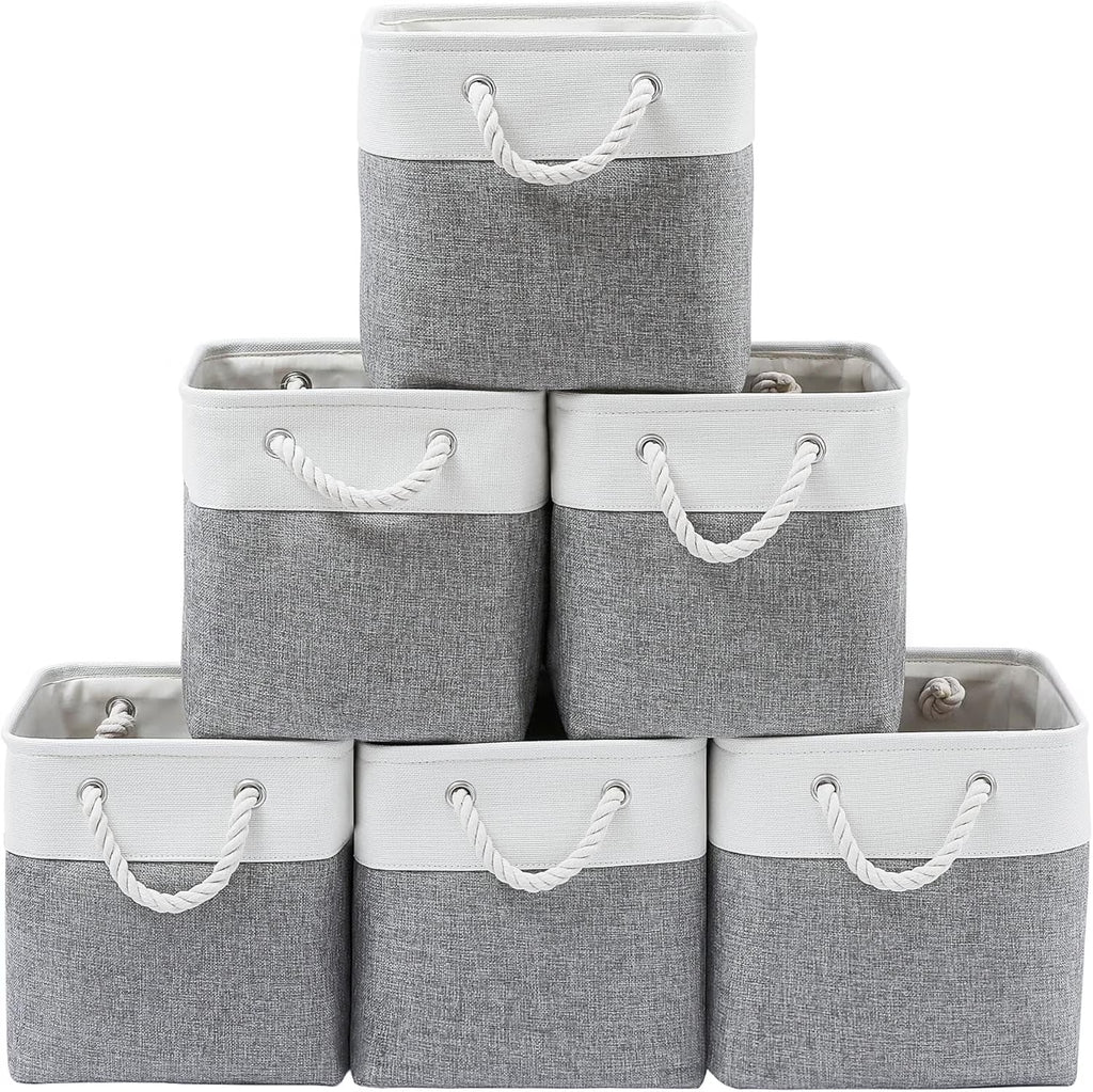 13 x 13 Inch Cube Storage Bins 6 Pack Extra Large Collapsible Fabric Storage Bin with Ropes Foldable Storage Cubes for Home (White & Beige-13"x13"x13") – Foldable Space-Saving Design with Functional, Easy-Use Details
