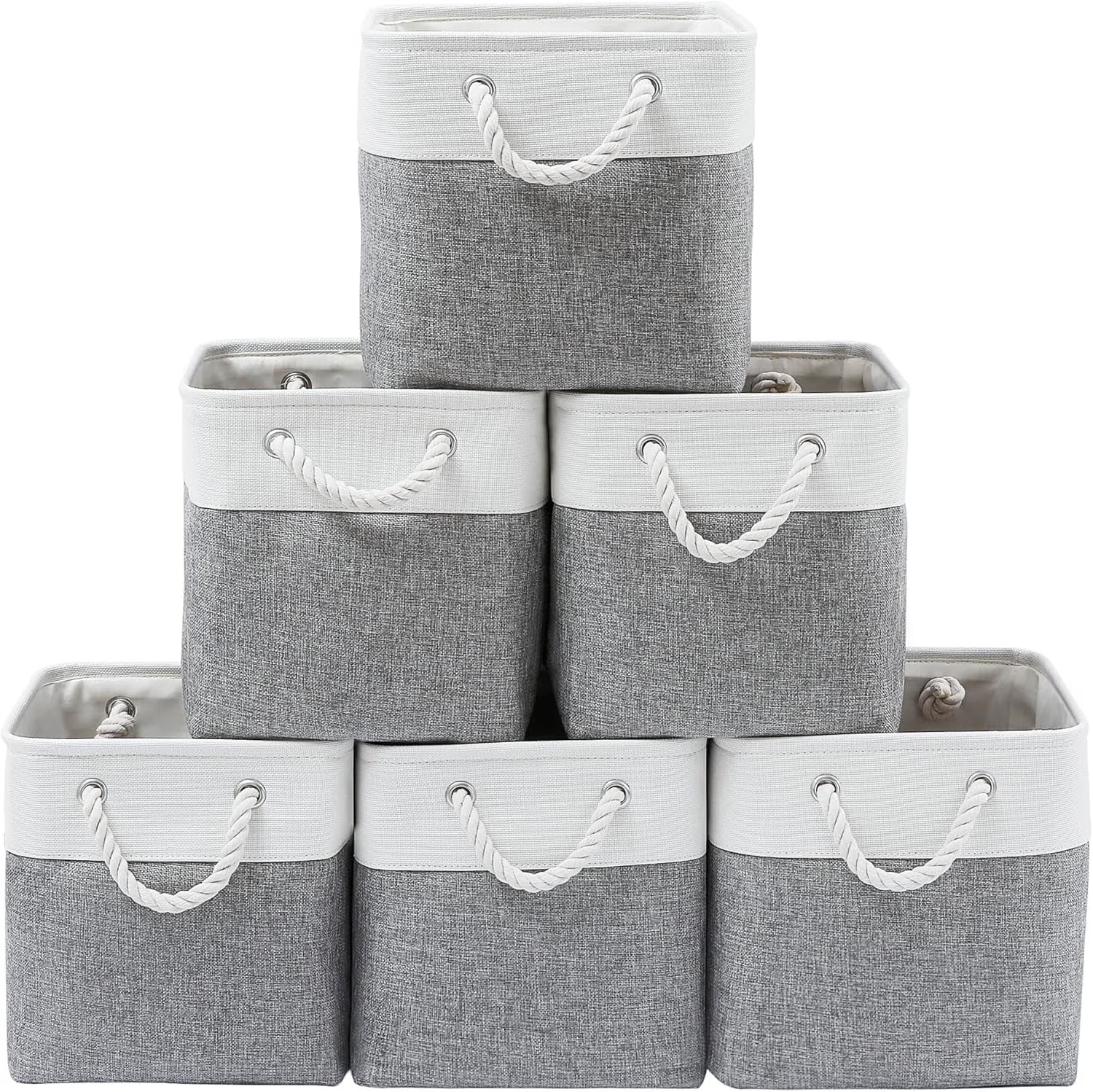 13 x 13 Inch Cube Storage Bins 6 Pack Extra Large Collapsible Fabric Storage Bin with Ropes Foldable Storage Cubes for Home (White & Beige-13"x13"x13") – Foldable Space-Saving Design with Functional, Easy-Use Details