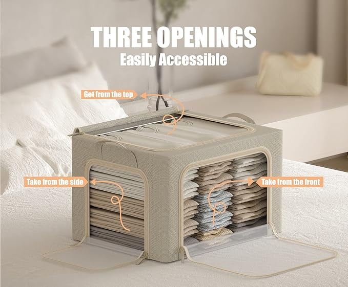 3 Openings Clothes Storage Bins with Metal Frame Foldable Storage Bin for Clothes Clothing Storage Bins with Lid Linen Storage Box With Clear Window＆ Zippers＆ Durable Handles.(3 Pcs,Beige,40L) – Everyday Household Format with Functional, Easy-Use Details