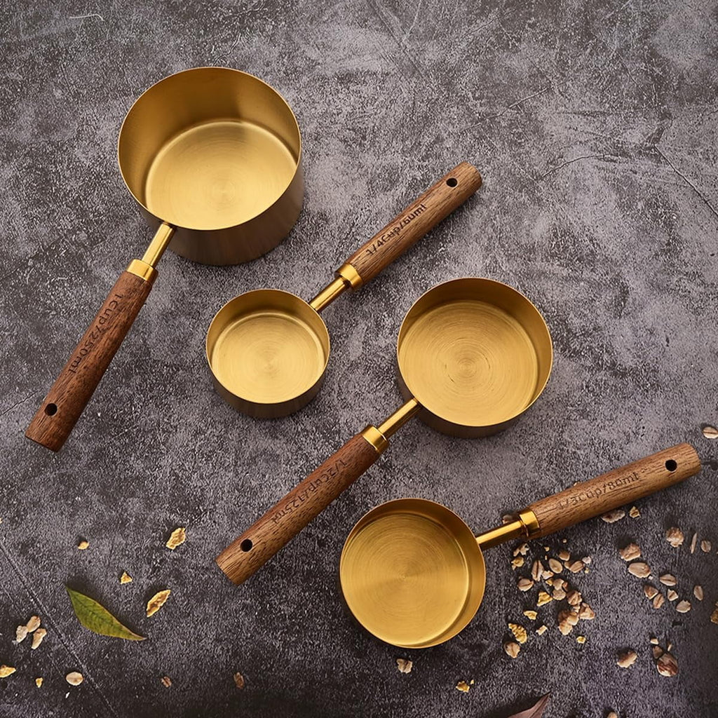 8 pieces Golden Measuring Cups Set and Measuring Spoons Set with Scale Wooden Handle Stainless Steel Dry & Liquid Measuring Cup for Cooking Baking – Convenient Carry Handles with Functional, Easy-Use Details