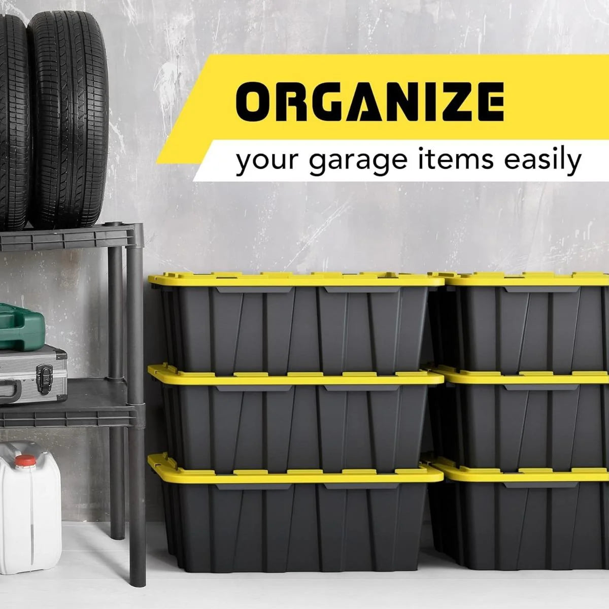8 PACK of Medium 12 Gallon Plastic Storage Bin Tote Organizing Container with Ultra Durable Secure Latching Lids Stackable Extra Strength Clear with Built in Handle - Black and Yellow – Stackable Organization with Functional, Easy-Use Details