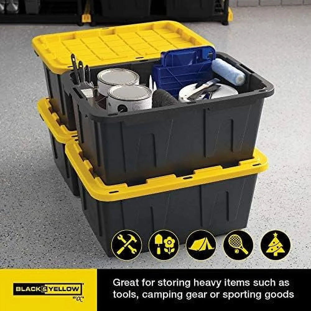 BLACK & YELLOW 27-Gallon Heavy Duty Tough Storage Container & Snap-Tight Lid (14.3"H x 20.6"W x 30.6"D) Weather-Resistant Design and Stackable Organization Tote [4 Pack] – Stackable Organization with Functional, Easy-Use Details