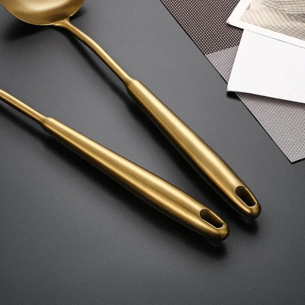304 Stainless Steel Cooking Utensils,6 Pcs Kitchen Cooking Utensils Set with Spatula Solid Spoon Ladle Skimmer Spaghetti Spoon,Dishwasher Suitable(Gold) – Durable Stainless Steel Construction with Functional, Easy-Use Details