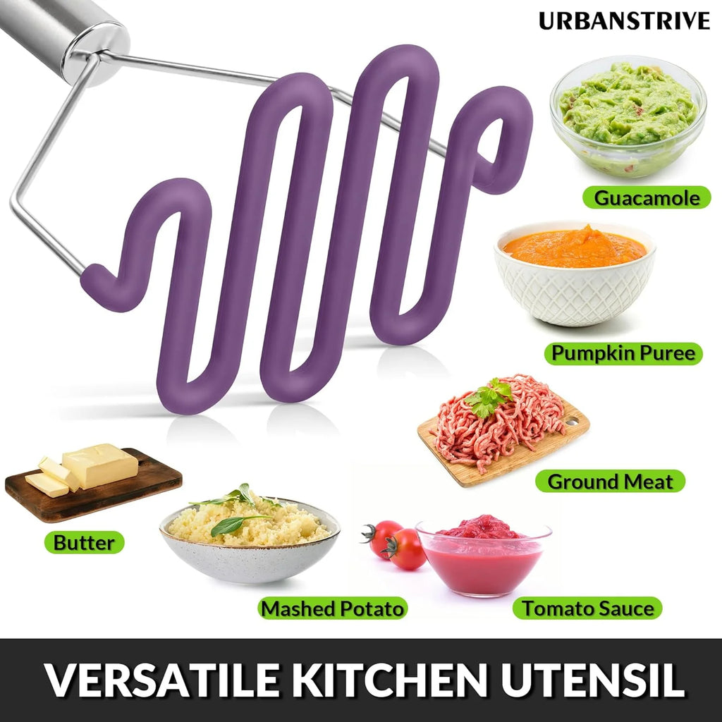 Scratch-resistant silicone potato mash maker kitchen tool stainless steel outer layer wrapped with durable silicone. – Durable Stainless Steel Construction with Functional, Easy-Use Details