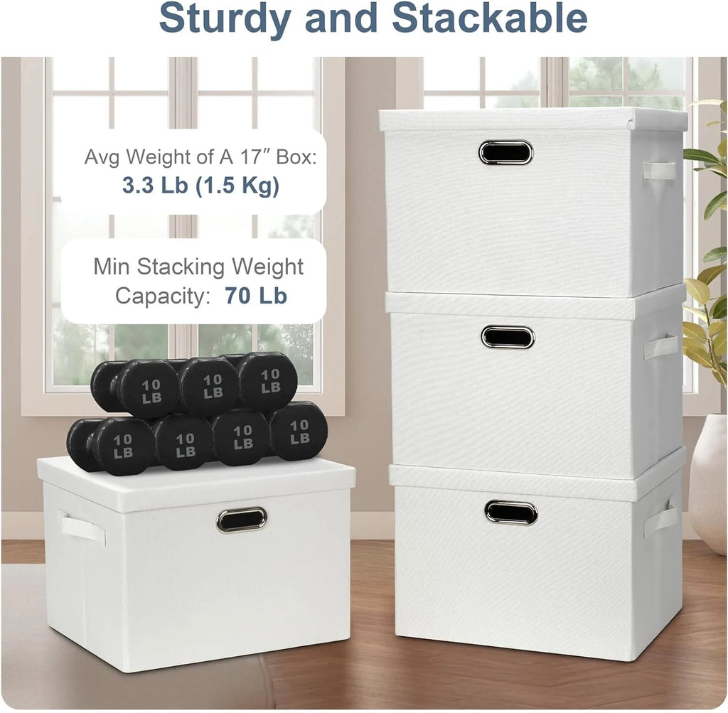 Large 17" 36 Quart Collapsible Stackable Storage Bins with Lids 3 Packs White Linen Fabric Closet Boxes with Lids Storage Cube Baskets Container Organizers for Bedroom Office(17 x12 x11) – Everyday Household Format with Functional, Easy-Use Details