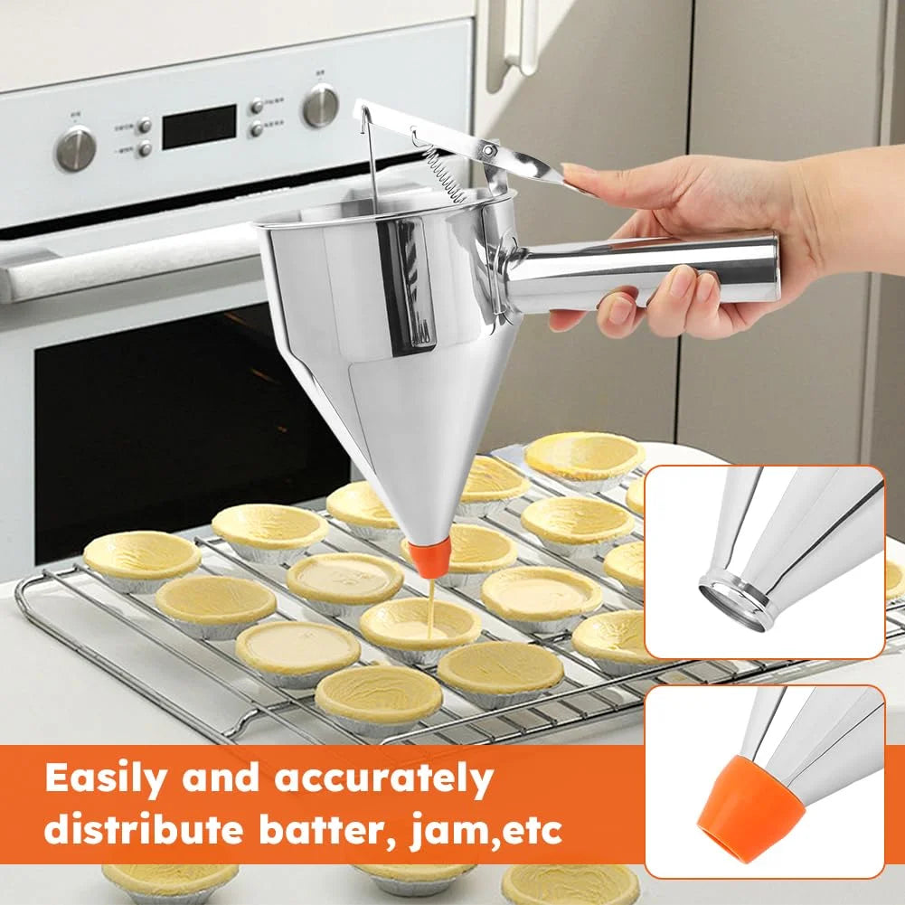 Stainless Steel Pancake Batter Dispenser with Squeeze Handle Kitchen Funnel Tools Pancake Dispenser for Pancakes Cupcakes Takoyaki and Baked Goods – Convenient Carry Handles with Functional, Easy-Use Details