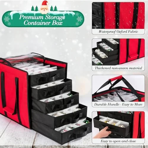 Christmas Ornament Storage Containers -Holds Up to 100 Holiday Ornaments with 5 Removable Trays Large Storage Box with Clear Covered Top & Sturdy Handles – Clear-View Organization with Functional, Easy-Use Details