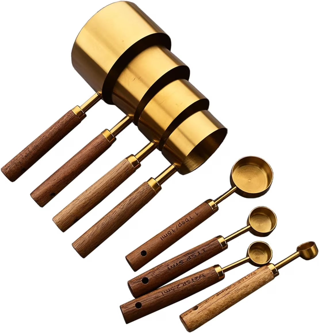 8 pieces Golden Measuring Cups Set and Measuring Spoons Set with Scale Wooden Handle Stainless Steel Dry & Liquid Measuring Cup for Cooking Baking – Convenient Carry Handles with Functional, Easy-Use Details