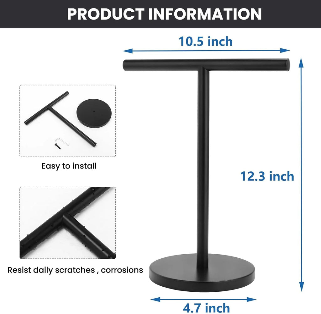 T-Shape Bath Hand Towel Holder Stand Stainless Steel Free Standing Hand Towel Rack with Heavy Base for Bathroom Kitchen & Countertop Matte Black – Durable Stainless Steel Construction with Functional, Easy-Use Details