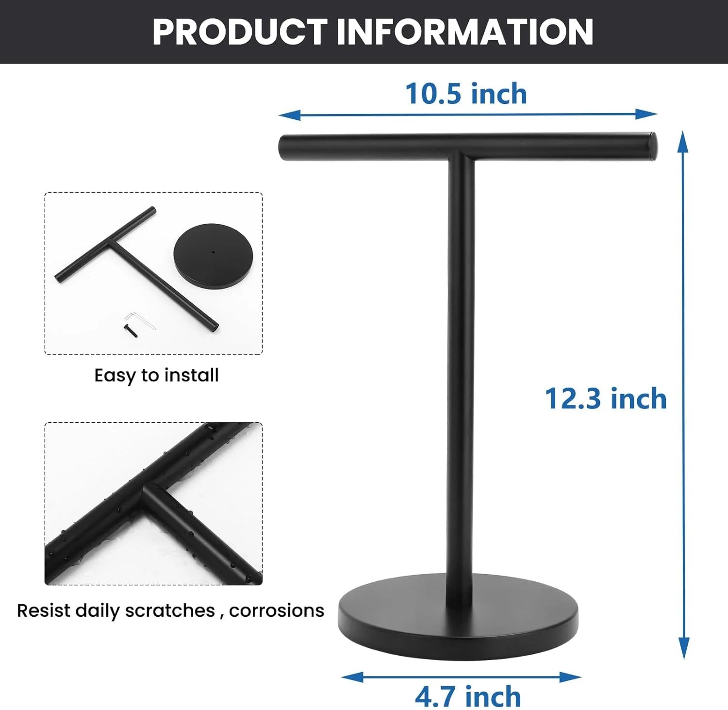 T-Shape Bath Hand Towel Holder Stand Stainless Steel Free Standing Hand Towel Rack with Heavy Base for Bathroom Kitchen & Countertop Matte Black – Durable Stainless Steel Construction with Functional, Easy-Use Details