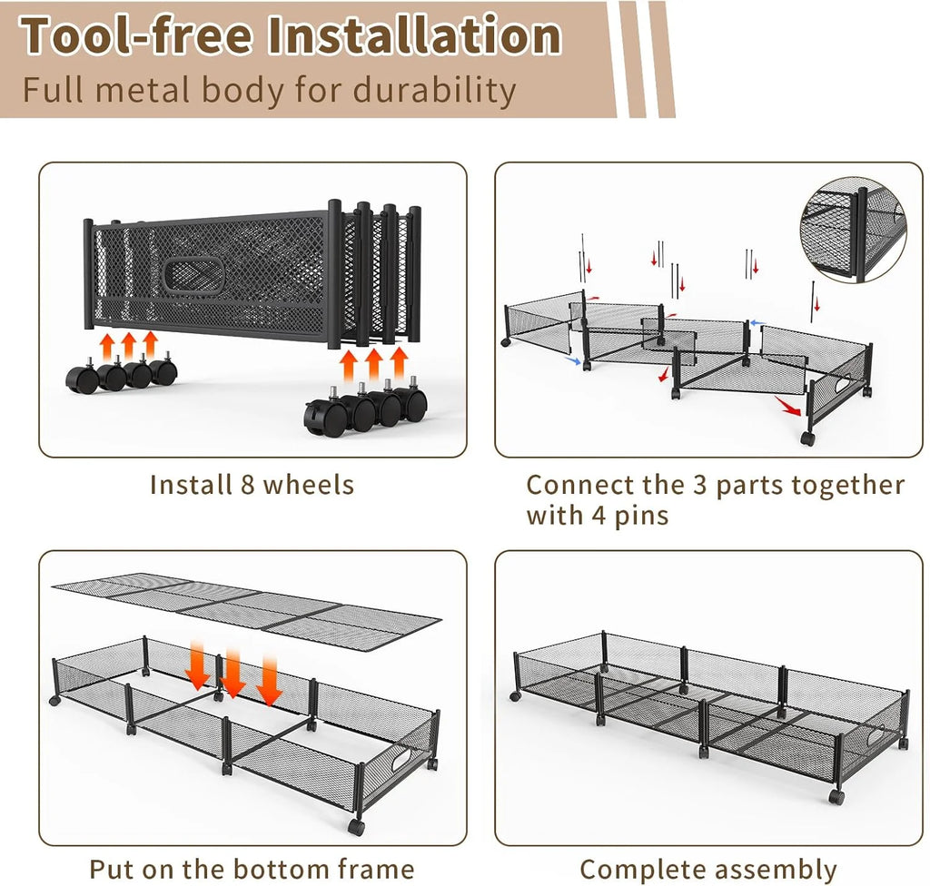 47.2'' Long Under Bed Storage on Wheels 57.6L Large Capacity Rolling Under the Bed Storage Containers Tool-Free Assembly Foldable Underbed Shoes Clothes Toy Drawers – Multiroom Organization Format with Functional, Easy-Use Details