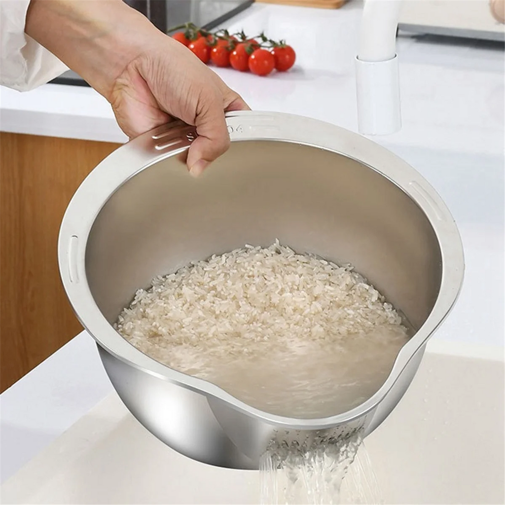 Rice Washer Strainer Bowl Stainless Steel Washing Colander Fruit and Vegetable Kitchen Tool A – Durable Stainless Steel Construction with Functional, Easy-Use Details