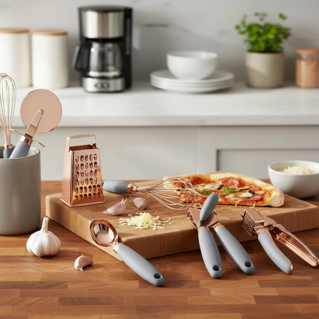 7-Piece Kitchen Gadget Set Copper Coated Stainless Steel Tableware with Soft Touch Handle – Convenient Carry Handles with Functional, Easy-Use Details