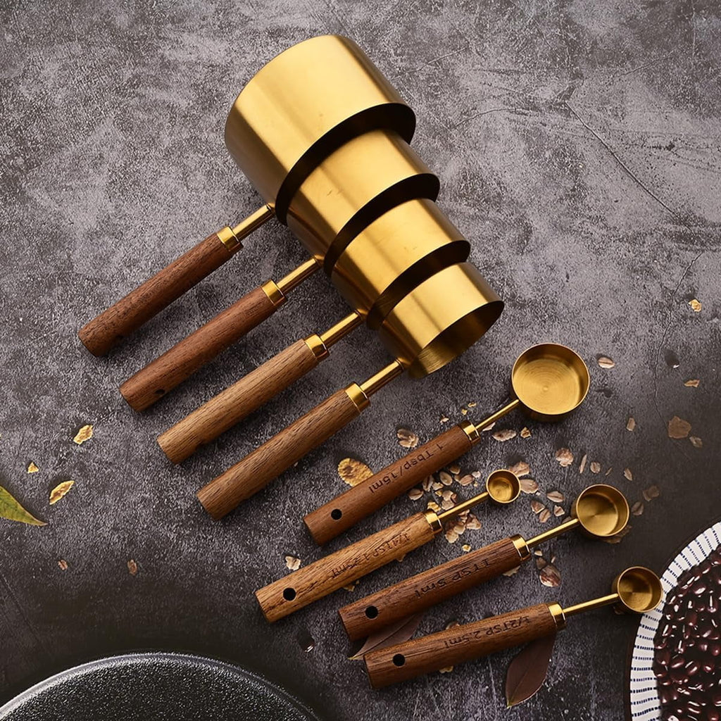 8 pieces Golden Measuring Cups Set and Measuring Spoons Set with Scale Wooden Handle Stainless Steel Dry & Liquid Measuring Cup for Cooking Baking – Convenient Carry Handles with Functional, Easy-Use Details