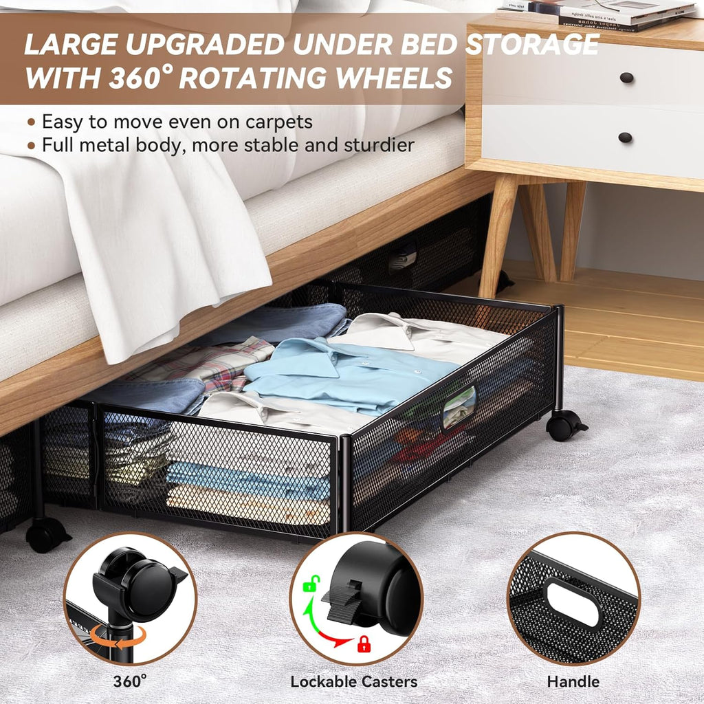 Under Bed Storage Containers with Wheels - Shoe Storage Organizer Drawer Tool-free Assembly Metal Underbed Storage for Bedroom Clothes Shoes Blankets - 2Pack – Everyday Household Format with Functional, Easy-Use Details