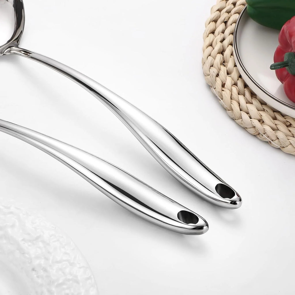304 Stainless Steel Cooking Utensils Set,6 Pcs Long Metal Kitchen Utensils Set with Spatula Solid Spoon Ladle Skimmer Spaghetti Spoon,Dishwasher Suitable – Durable Stainless Steel Construction with Functional, Easy-Use Details