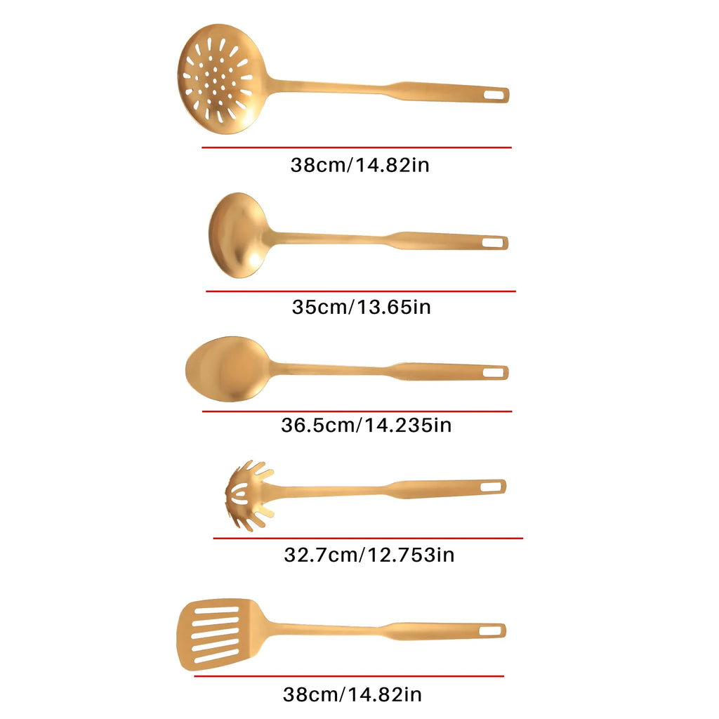 Stainless Steel Kitchen Utensils 5-Piece Cooking Trowel Set Tool Gold – Durable Stainless Steel Construction with Functional, Easy-Use Details