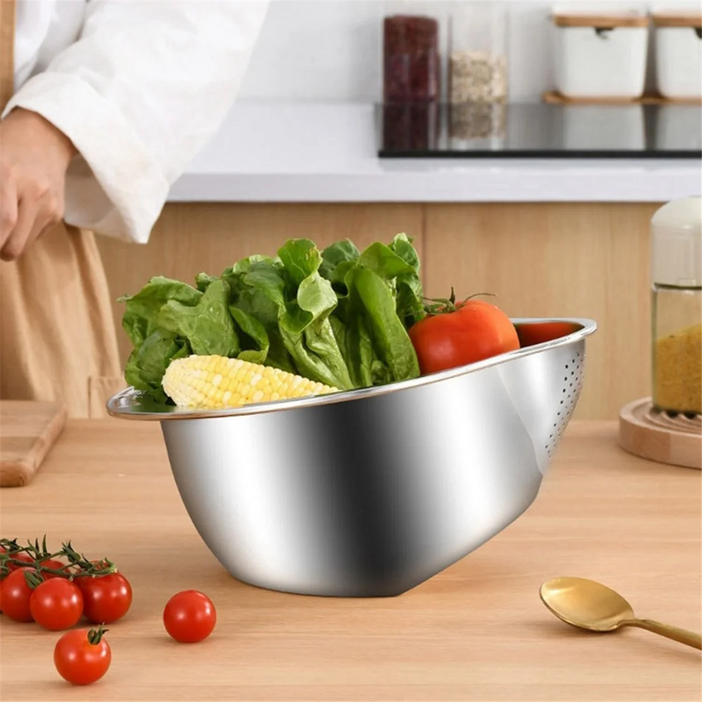 Rice Washer Strainer Bowl Stainless Steel Washing Colander Fruit and Vegetable Kitchen Tool A – Durable Stainless Steel Construction with Functional, Easy-Use Details