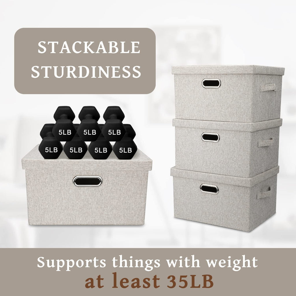 Medium 15" 21 Quart Collapsible Stackable Storage Bins with Lids 5 Packs Beige Foldable Fabric Closet Boxes Heavy-duty Lidded Linen Cube Baskets Container Organizers and Storage – Everyday Household Format with Functional, Easy-Use Details