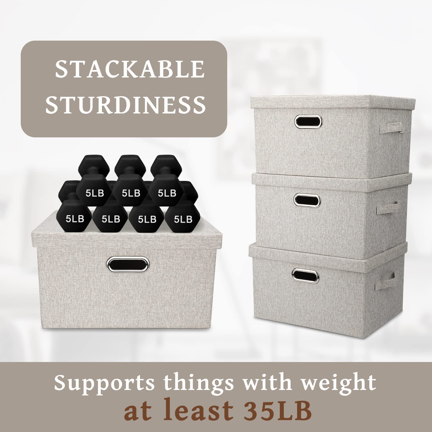Medium 15" 21 Quart Collapsible Stackable Storage Bins with Lids 5 Packs Beige Foldable Fabric Closet Boxes Heavy-duty Lidded Linen Cube Baskets Container Organizers and Storage – Multiroom Organization Format with Functional, Easy-Use Details