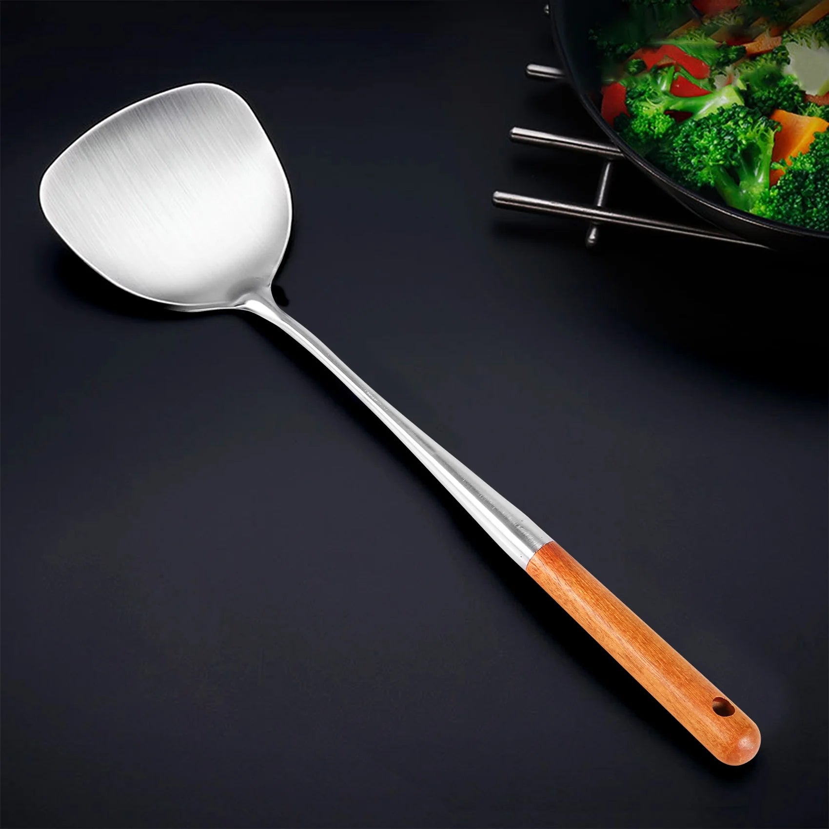 Long Handle Stainless Steel Wok Kitchen Slotted Turner Rice Spoon Ladle Cooking Tools Utensil Set – Convenient Carry Handles with Functional, Easy-Use Details