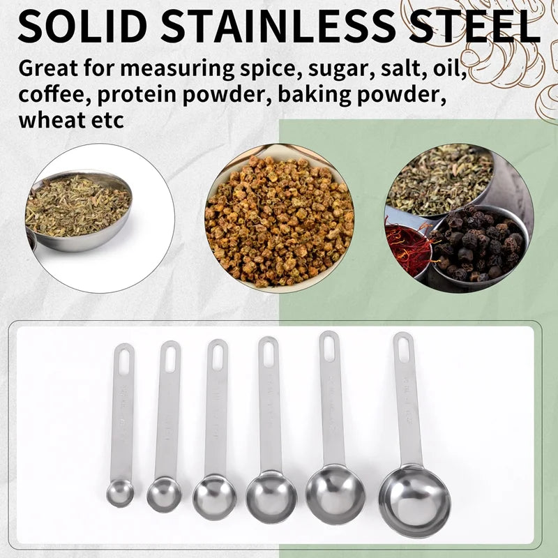 Stainless Steel Measuring Spoons Cups Set Small Tablespoon Teaspoons Set 6 with Bonus C4662 – Durable Stainless Steel Construction with Functional, Easy-Use Details