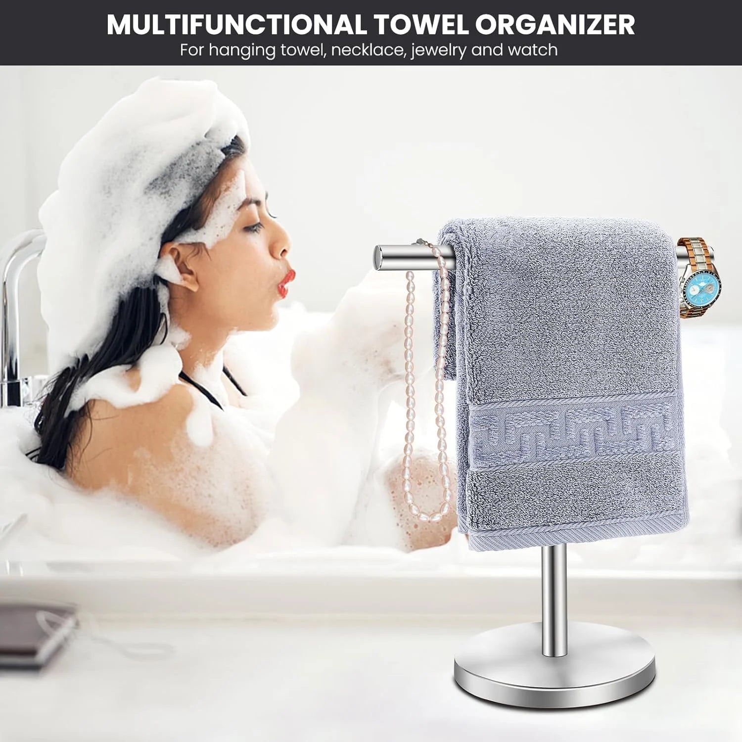 T-Shape Bath Hand Towel Holder Stand Stainless Steel Free Standing Hand Towel Rack with Heavy Base for Bathroom Kitchen & Countertop Silver 2 Pack – Durable Stainless Steel Construction with Functional, Easy-Use Details