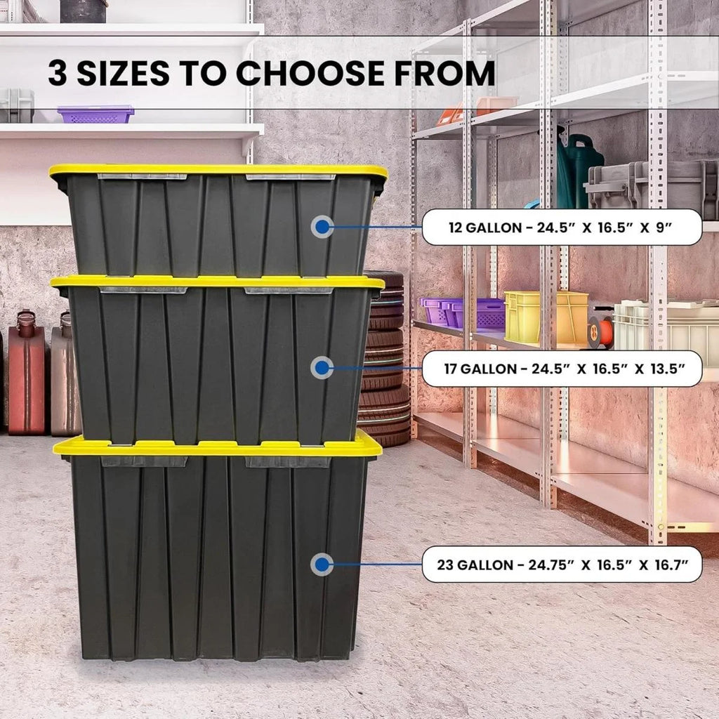8 PACK of Medium 12 Gallon Plastic Storage Bin Tote Organizing Container with Ultra Durable Secure Latching Lids Stackable Extra Strength Clear with Built in Handle - Black and Yellow – Stackable Organization with Functional, Easy-Use Details