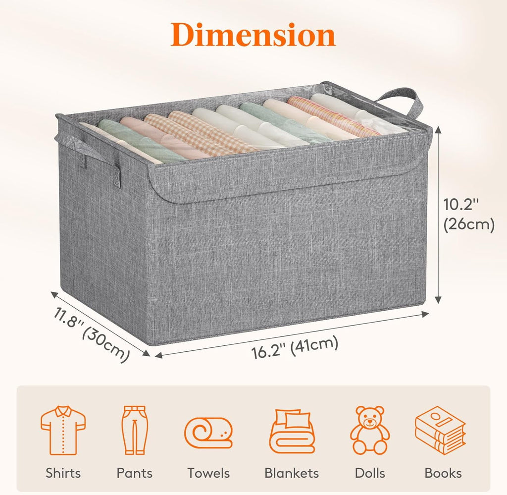 Fabric Storage Boxes 6 Pcs Stackable Storage Bins with Clear Lids Foldable Oxford Cloth Cube Closet Organizer Baskets Clothes Containers for Towels Blankets Books Light Grey-Large – Foldable Space-Saving Design with Functional, Easy-Use Details
