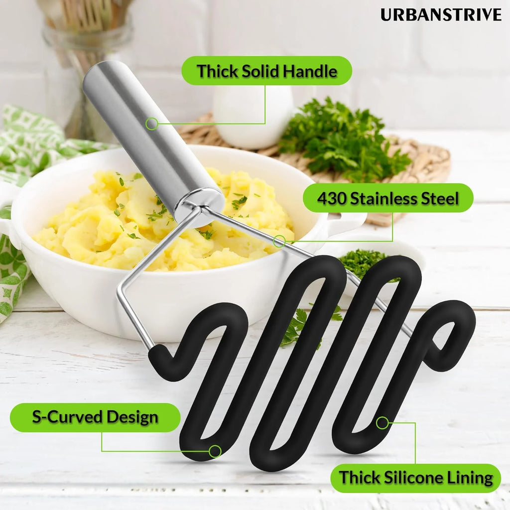 Non-Scratch Silicone Potato Masher Kitchen Tool Potatoes Masher Potato Masher Stainless Steel Wrapped In Well-crafted Silicone Potato Smasher Black – Durable Stainless Steel Construction with Functional, Easy-Use Details