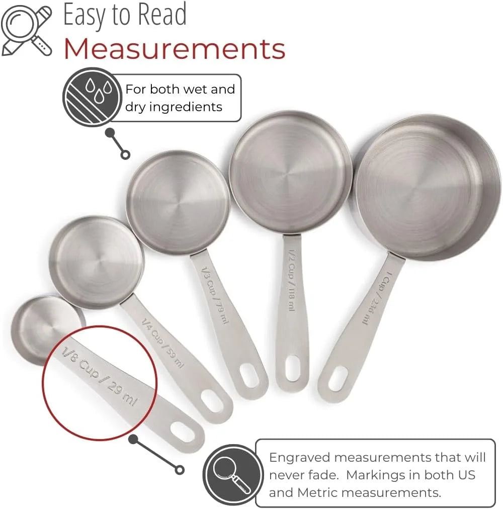 Stainless Steel Measuring Cups Heavy-Duty 5-Piece Set with Storage Ring – Kitchen Measuring Tools – Durable Stainless Steel Construction with Functional, Easy-Use Details