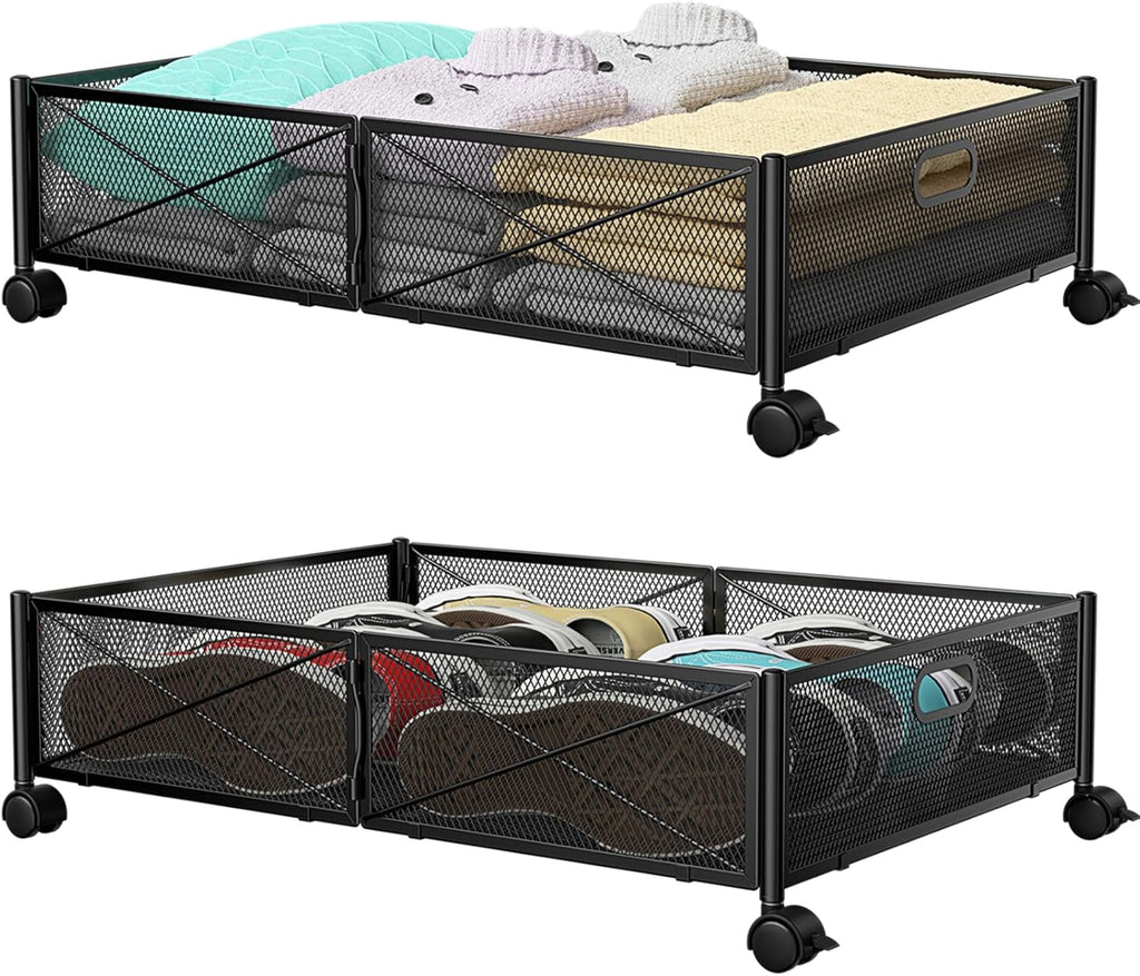 Under Bed Storage Containers with Wheels - Shoe Storage Organizer Drawer Tool-free Assembly Metal Underbed Storage for Bedroom Clothes Shoes Blankets - 2Pack – Multiroom Organization Format with Functional, Easy-Use Details
