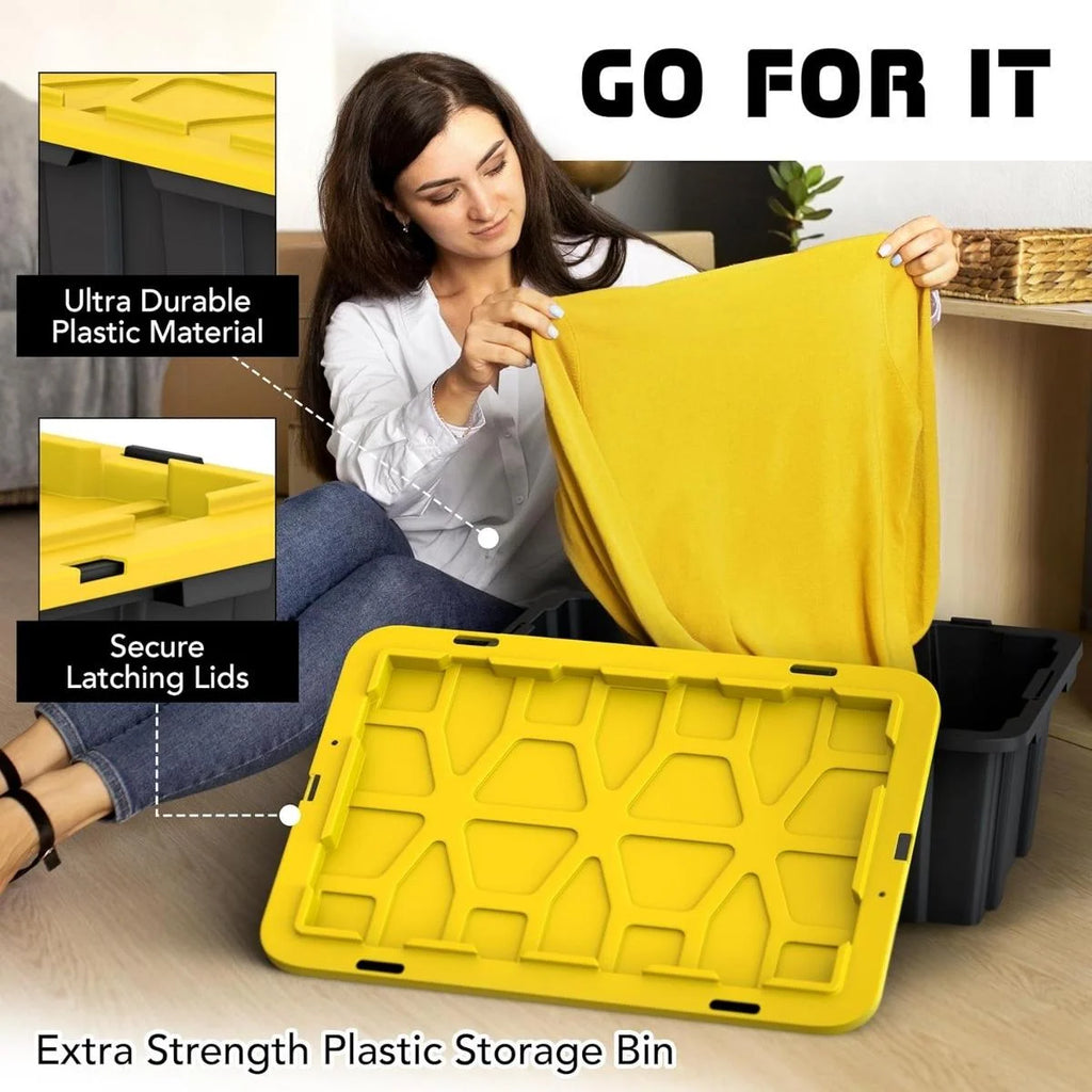 8 PACK of Medium 12 Gallon Plastic Storage Bin Tote Organizing Container with Ultra Durable Secure Latching Lids Stackable Extra Strength Clear with Built in Handle - Black and Yellow – Stackable Organization with Functional, Easy-Use Details