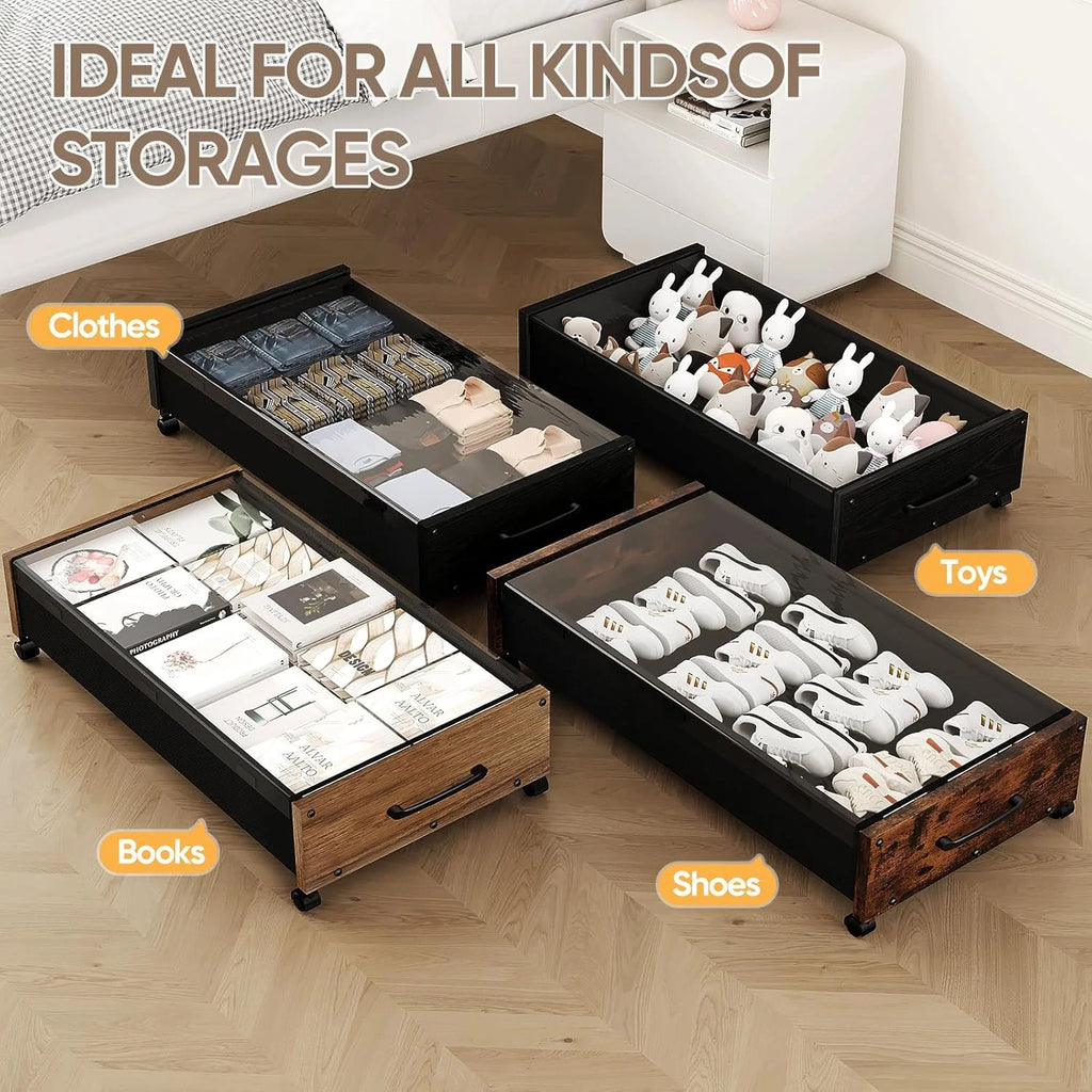 Wooden Under Bed Storage with Wheels Rolling Under the Bed Storage Bins with Removable Lid Metal Under Bed Drawers for Clothes and Shoes in Bedroom or Living Room(Black Wood-2pack) – Easy-Roll Mobility with Functional, Easy-Use Details