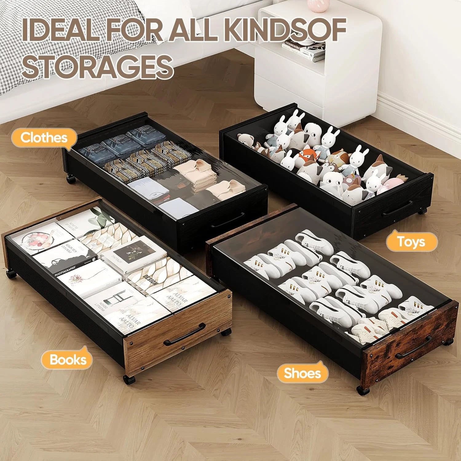 Wooden Under Bed Storage with Wheels Rolling Under the Bed Storage Bins with Removable Lid Metal Under Bed Drawers for Clothes and Shoes in Bedroom or Living Room(Black Wood-2pack) – Easy-Roll Mobility with Functional, Easy-Use Details
